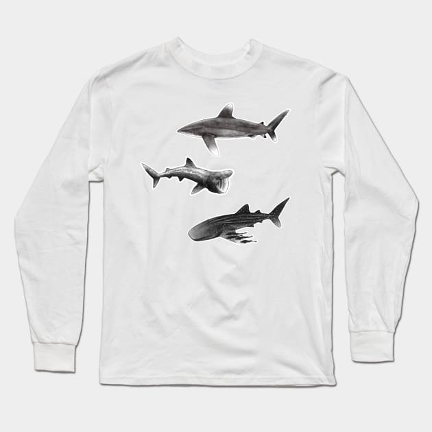 Sharks : Oceanic Whitetip, Basking Shark, Whale Shark Long Sleeve T-Shirt by MoanaMatron